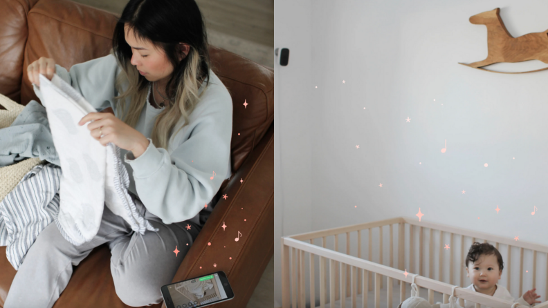 On left, young mother monitoring baby through smart phone while folding clothes on couch. On left, baby standing up in crib with Ecobee smart camera hanging from ceiling.